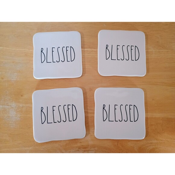 Rae Dunn Drink Coasters "BLESSED" Decor Cork Backing Set of 4 - Picture 1 of 4